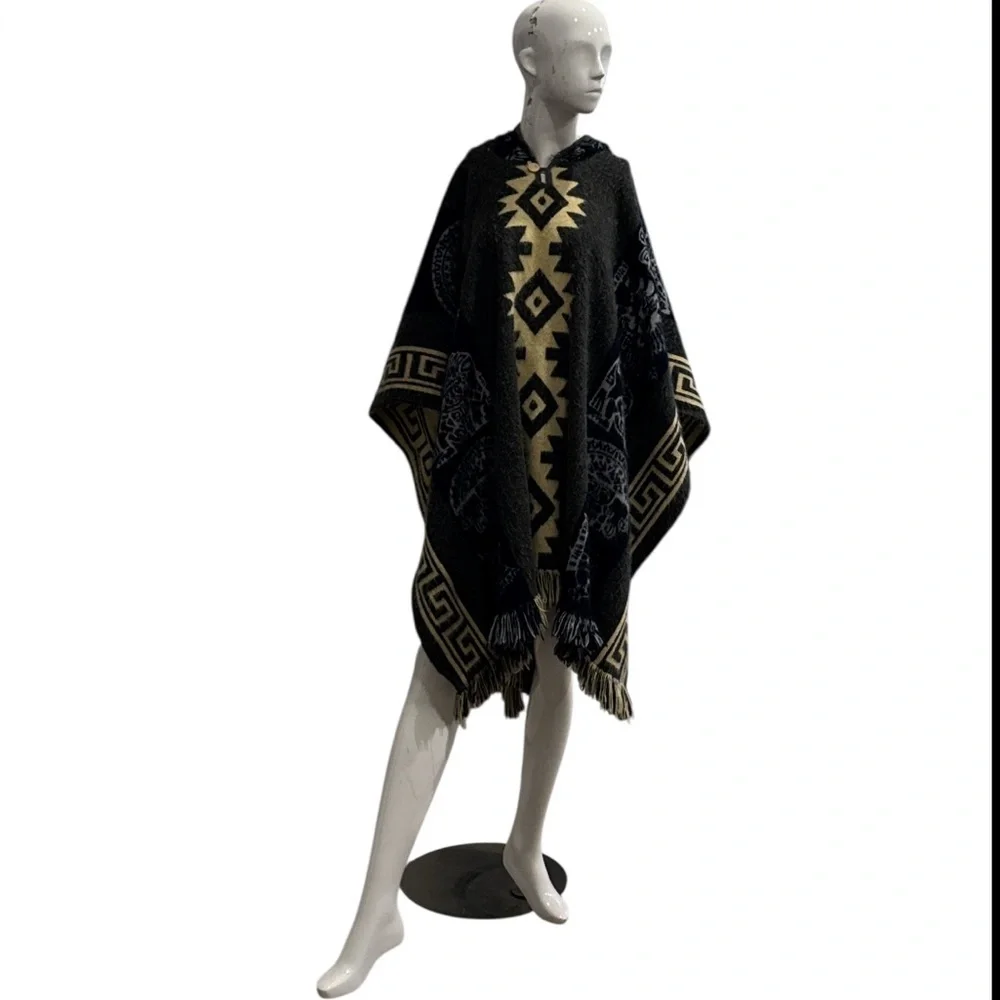 Unisex Andean Aztec Alpaca Blend Hooded Charcoal Multi Fringed Poncho Size OS